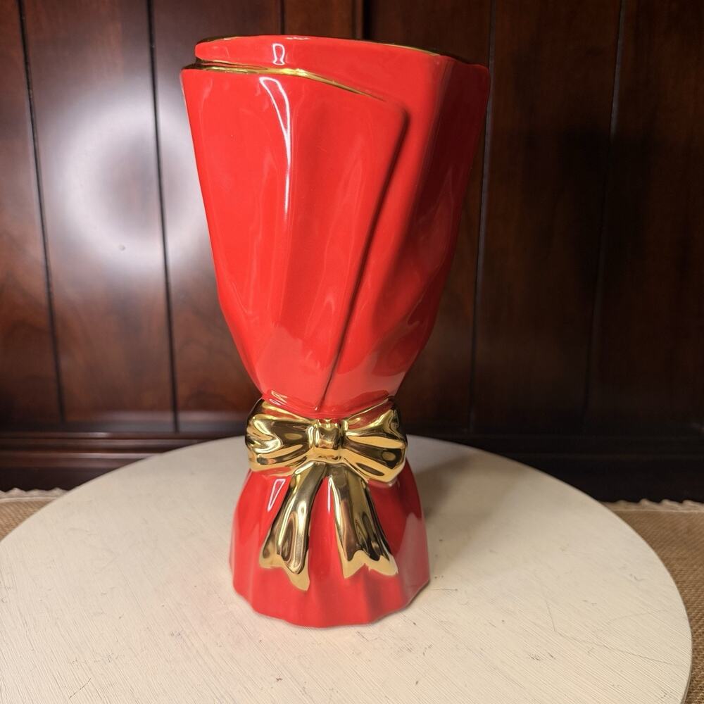 Red And Gold Bow Ceramic Flower Bouquet Vase 9.3 Inch Modern